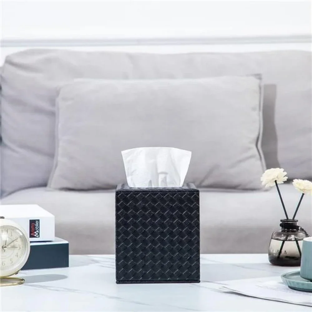 PU leather square tissue box cover holder for bathroom bedroom office deco Black